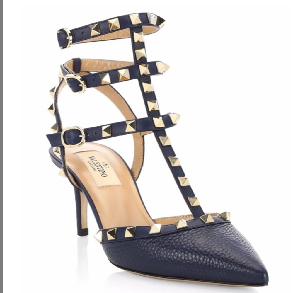 Valentino Garavani Navy Leather Rockstud T-Strap Pointed-Toe Heels - Picture 3 of 13